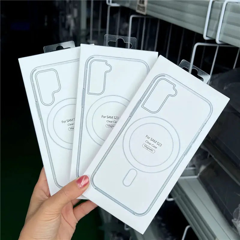 MagSafe magnetic phone case packaging; 3 white boxes for Samsung Galaxy phones by Simples Market.