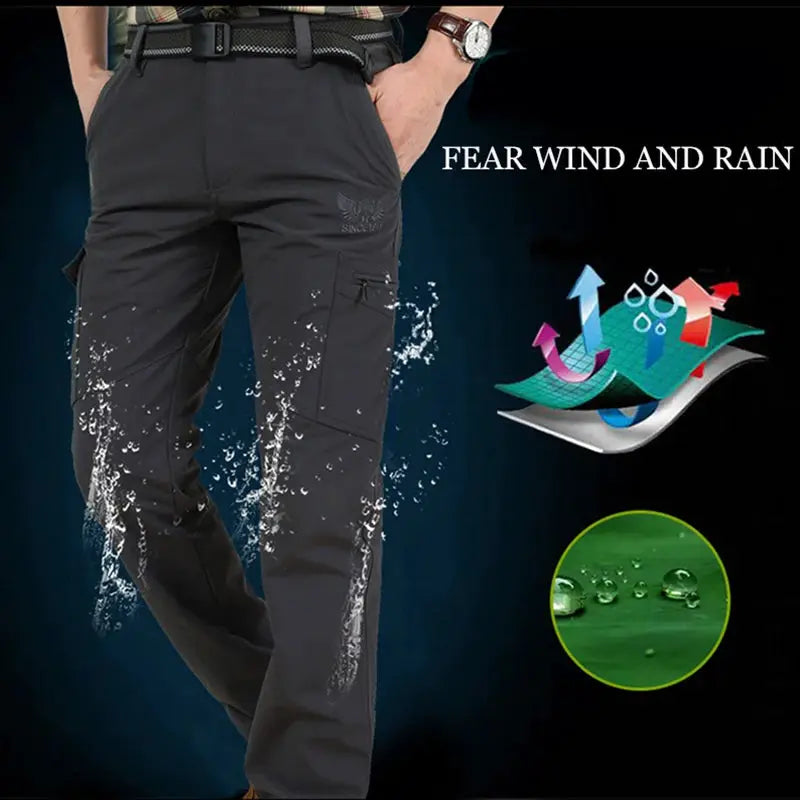 Simples Market men's outdoor work tactical pants, charcoal gray, fleece-lined, waterproof cargo trousers.