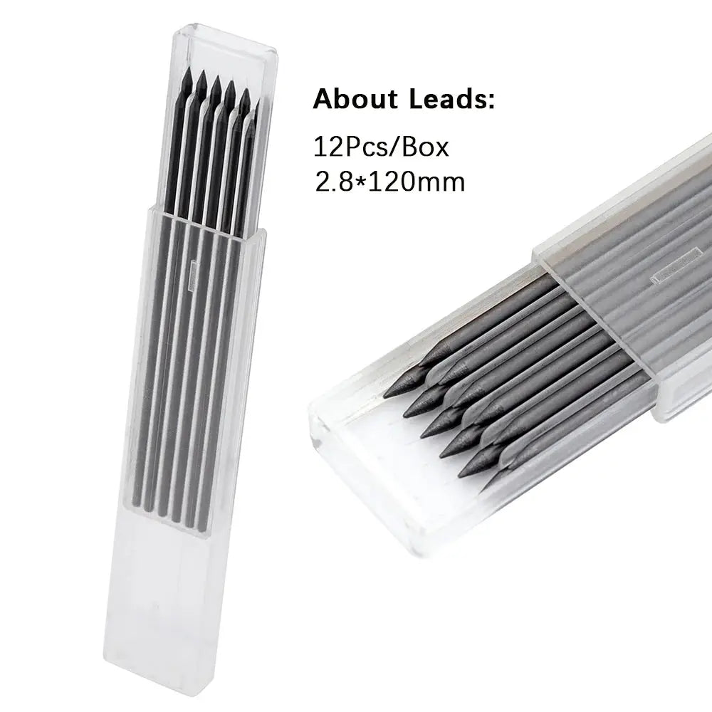 Simples Market Professional 2.8mm woodworking pencil set with 12 lead refills in a clear plastic case