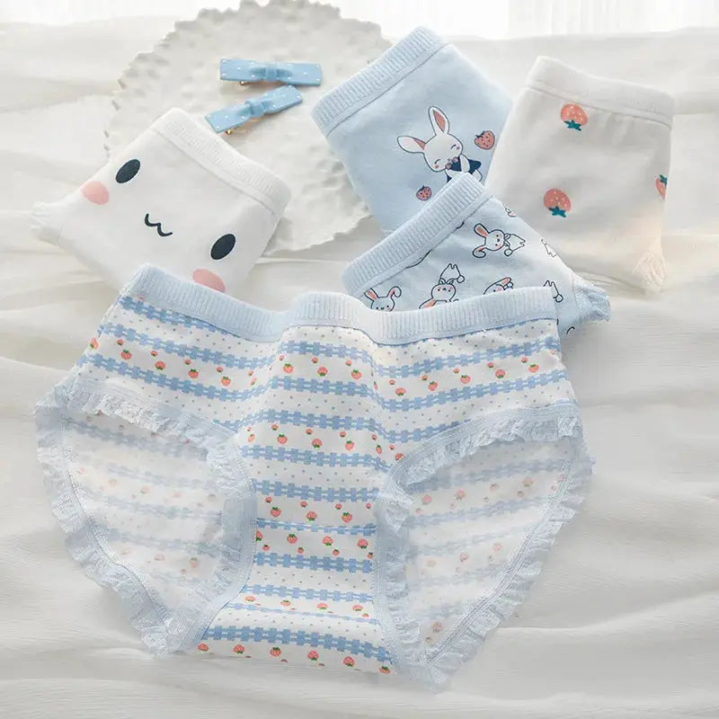 5Pcs cotton women's panties set with strawberry and rabbit prints; breathable pastel blue/white briefs by Simples Market
