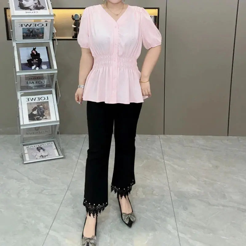 Plus Size Elastic Waist V Neck Puff Sleeve Blouse For Summer