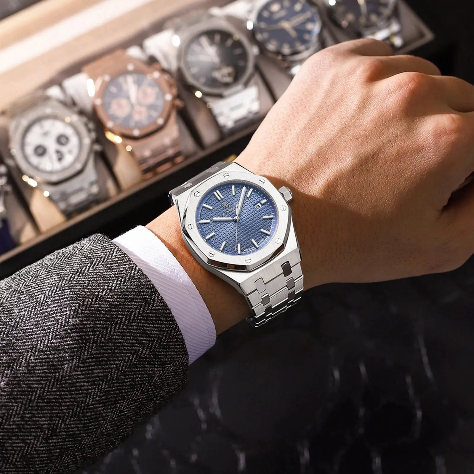 POEDAGAR luxury men's wristwatch with blue textured dial, stainless steel case and bracelet, date window