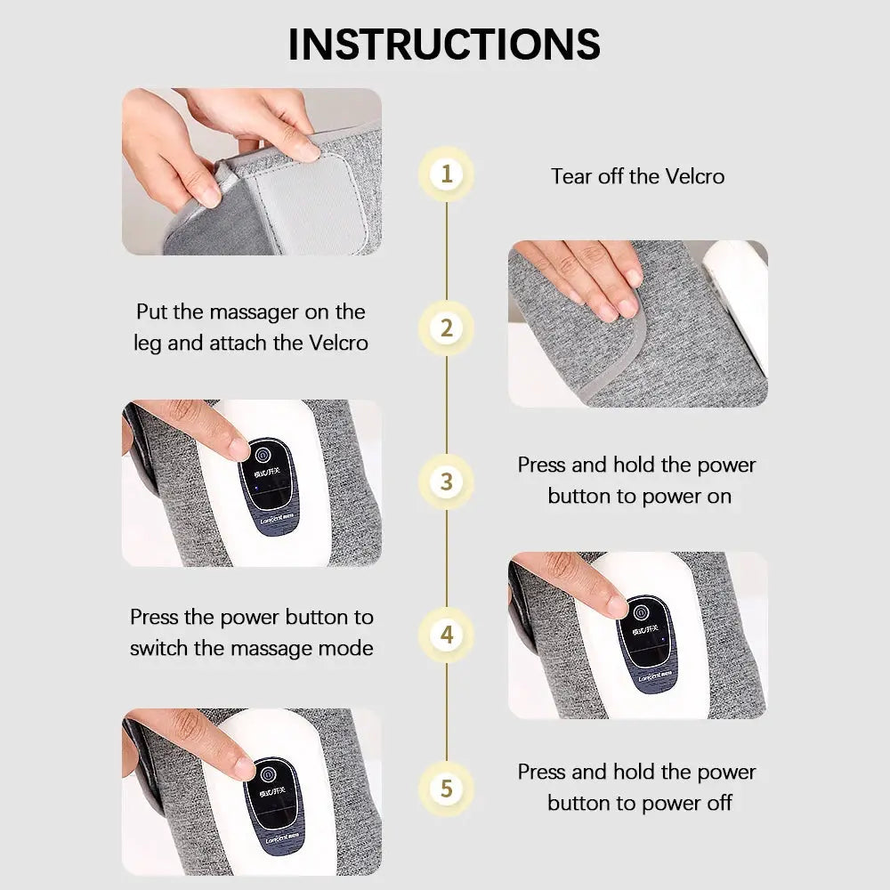 Calf massager by Simples Market; grey fabric with white control panel, 3-mode airbag compression instructional diagram