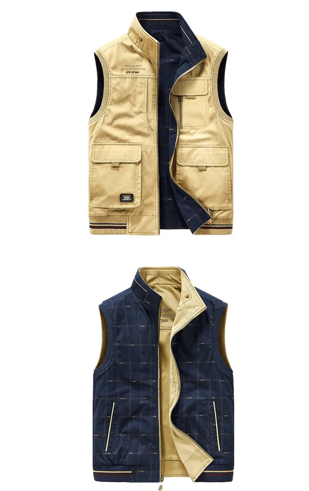 2 men's double-sided vests by Simples Market, beige outer with multiple pockets and navy plaid inner