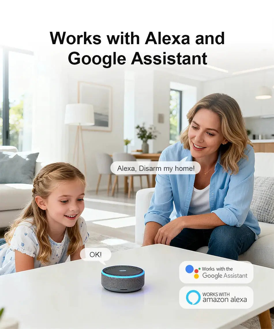 Round fabric smart speaker on a coffee table with Google Assistant and Amazon Alexa logos visible
