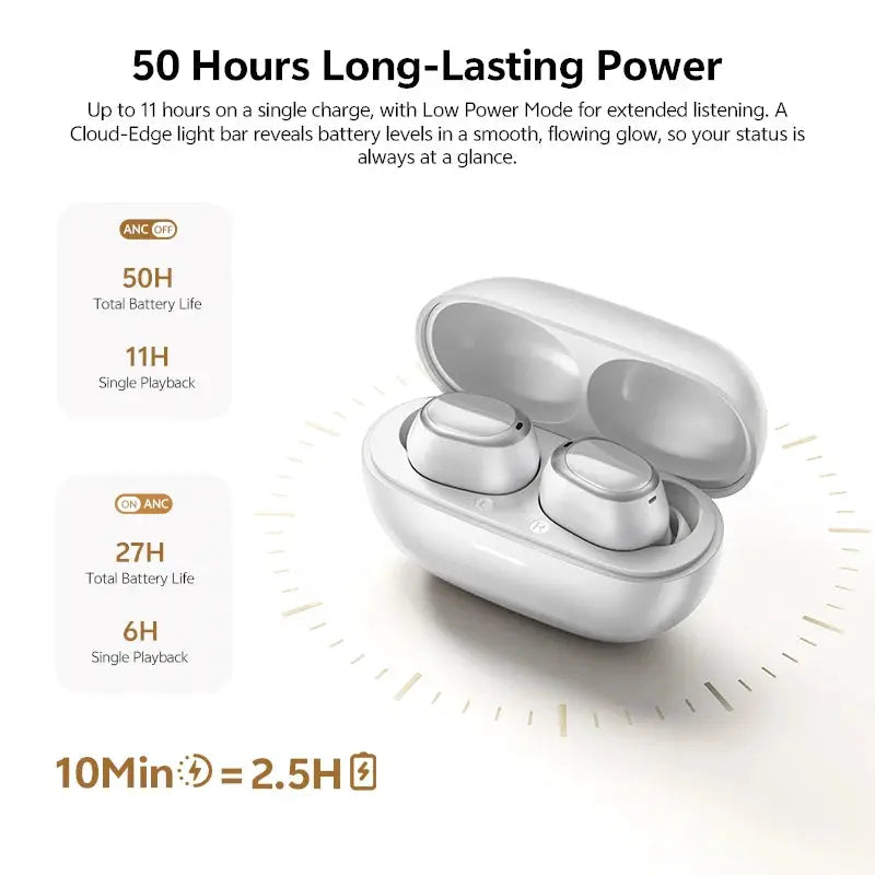 QCY MeloBuds A30 wireless earbuds in white charging case with 8-mic adaptive AI ANC and LDAC