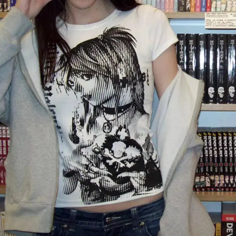 Y2K Anime Streetwear O Neck Crop Top Women Harajuku Vintage Tee With 90s Text Printing Casual T Shirt