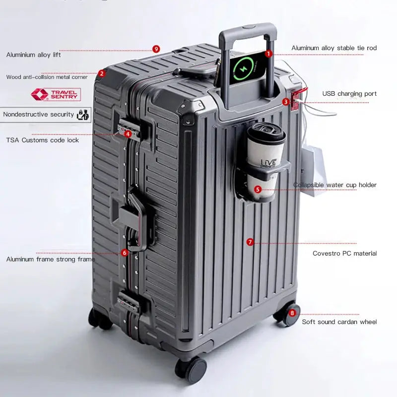 VoyageCraft Wide Handle Carry On Suitcase Aluminum Frame Luggage 20 24 26 Inches