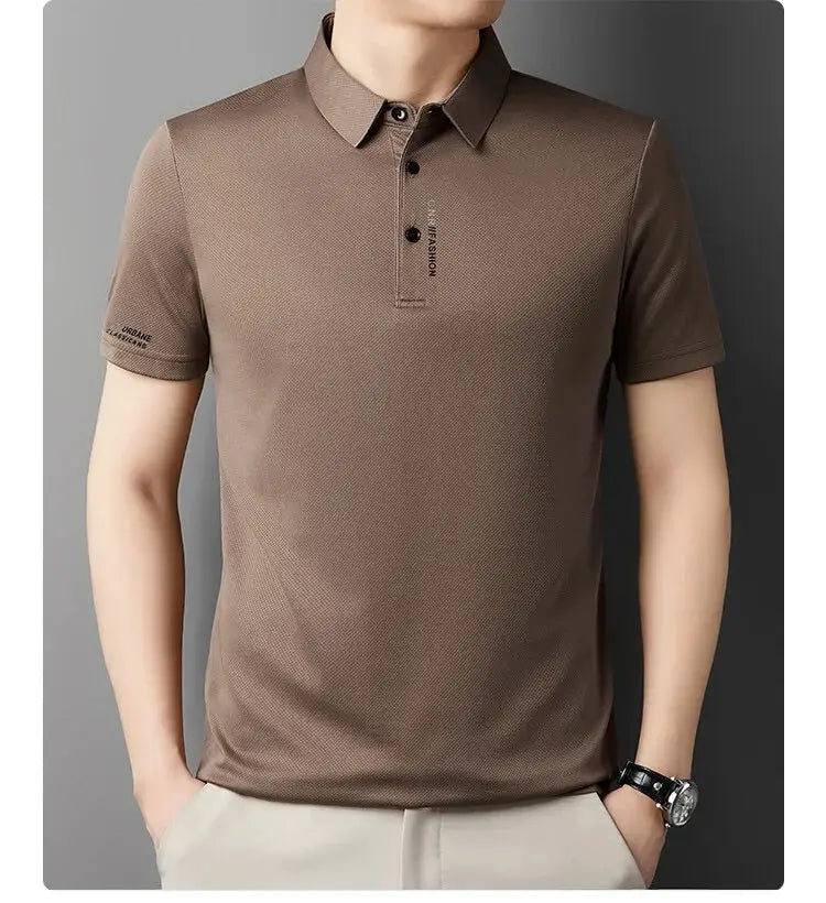 Simples Market brown ice-silk men's short-sleeve polo shirt with button placket