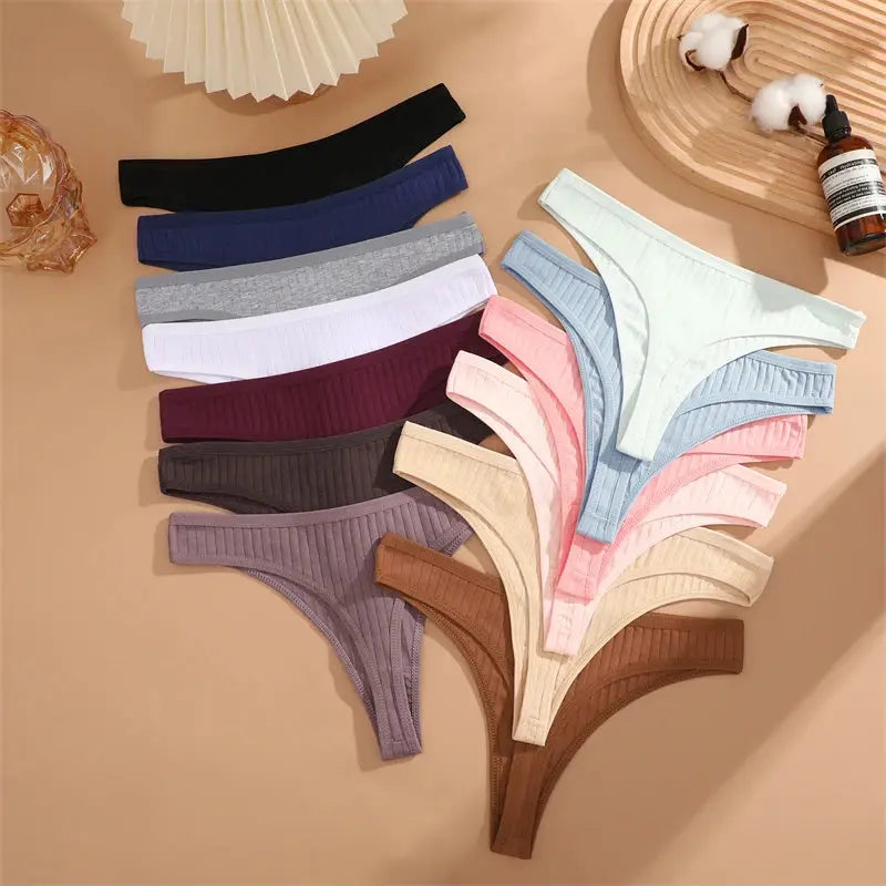 7-pack Simples Market womens cotton striped thongs; low-waist G-string, breathable T-back, assorted colors.