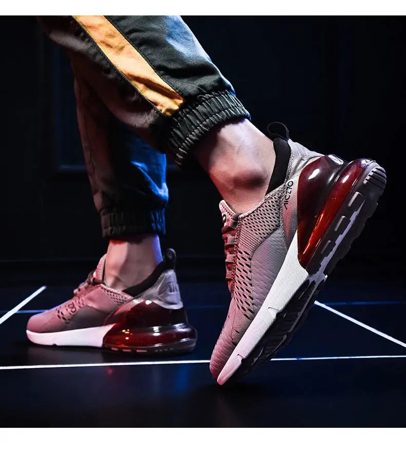 Men's athletic sneakers by Simples Market, pink mesh upper, breathable, white midsole, red translucent heel air cushion