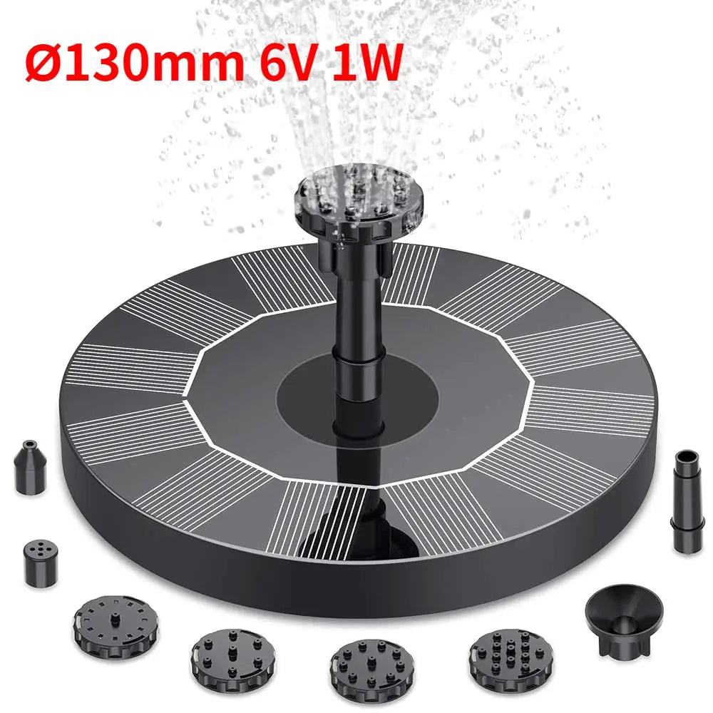 Solar fountain pump kit by Simples Market; round black solar panel disk with 6 nozzle heads