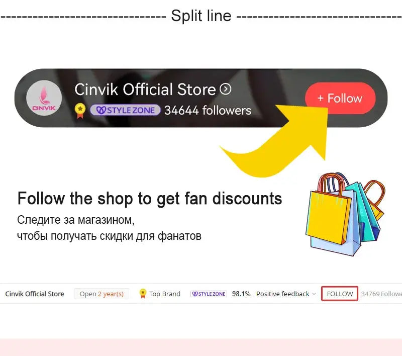 Cinvik Official Store promotional banner with Follow button and colorful shopping bags illustration