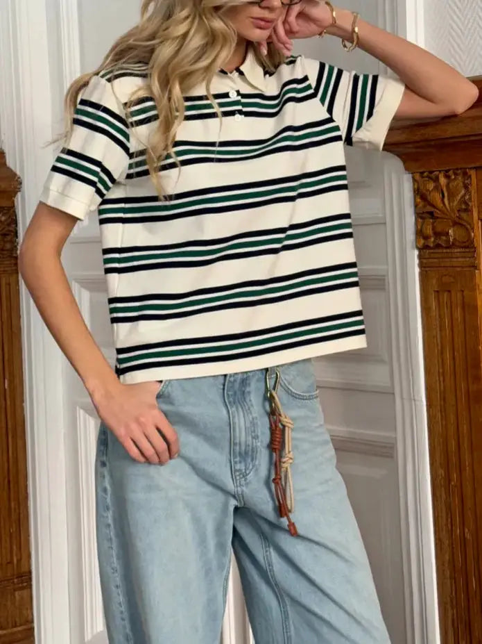 Hirsionsan Women Polo Neck T Shirt Loose Crop Top Cotton Blend Tee