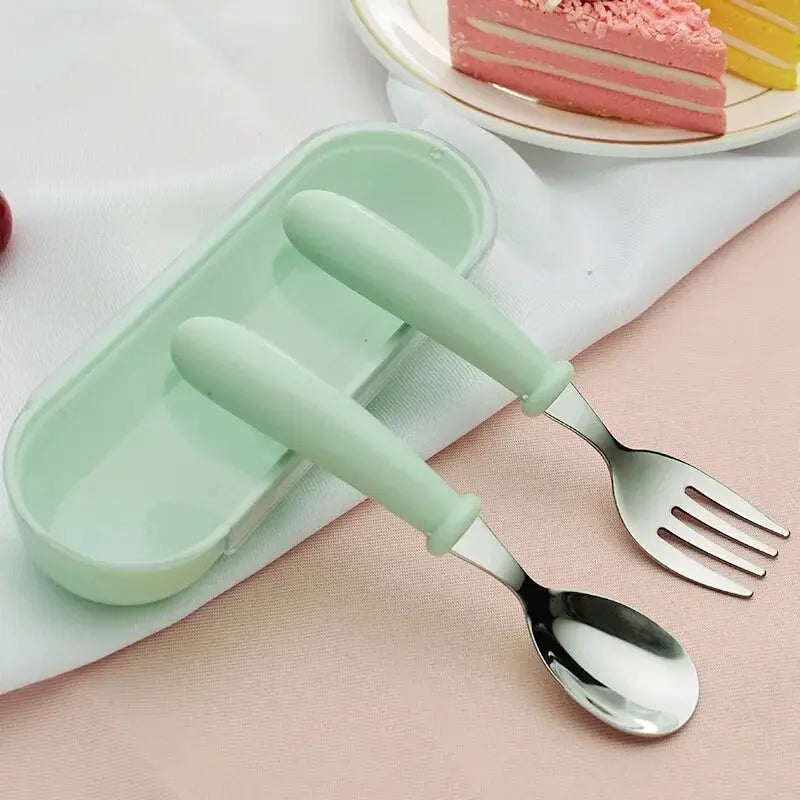 3 Piece Children Spoon And Fork Set Stainless Steel Portable Baby Feeding Utensils For Toddlers