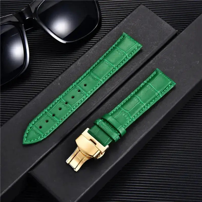 Remzeim Bamboo Pattern Genuine Leather Watch Strap First Layer Cowhide With Steel Butterfly Buckle 18mm 20mm 22mm 24mm