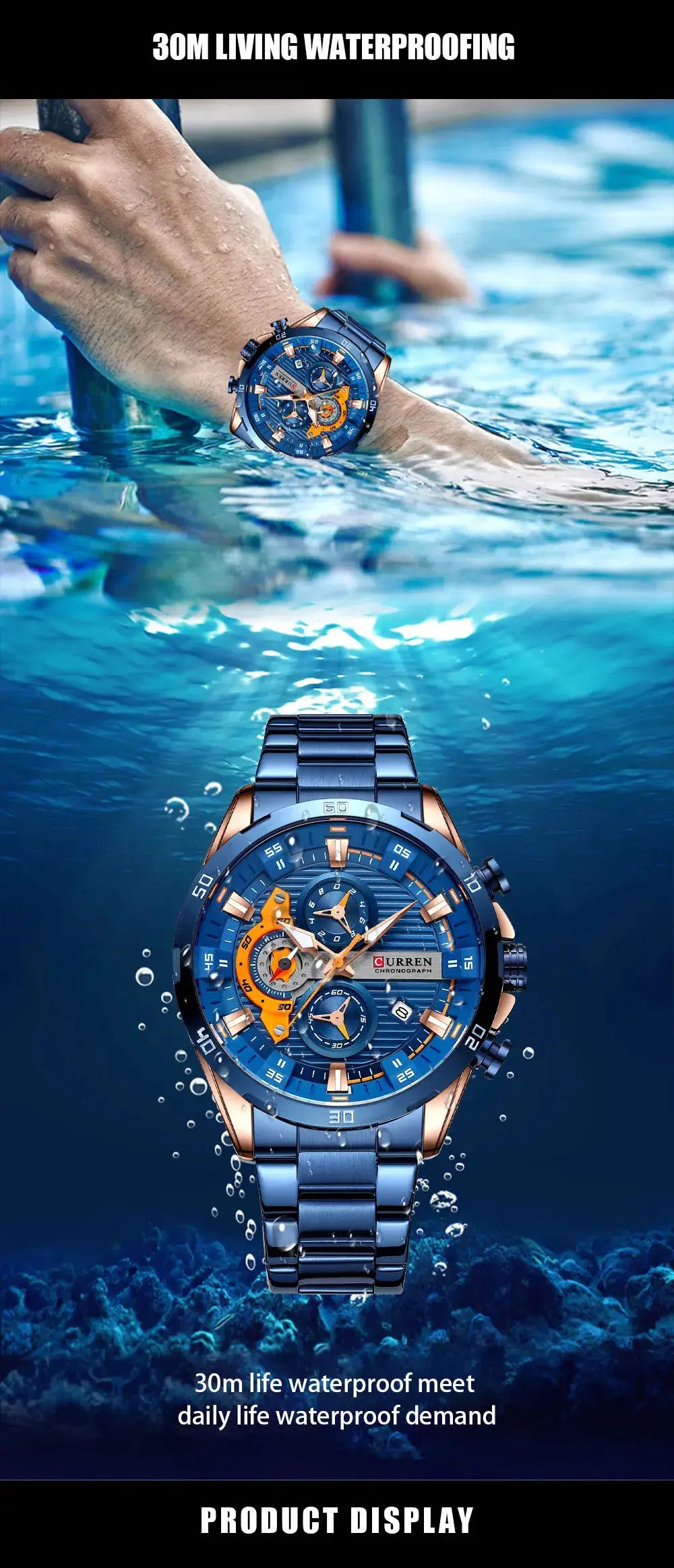 Curren 8402 men's stainless steel chronograph watch with blue dial and bracelet, luminous hands