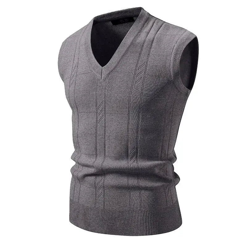 Men's gray V-neck sleeveless knitted vest with ribbed hem, lightweight pullover waistcoat for outdoor streetwear