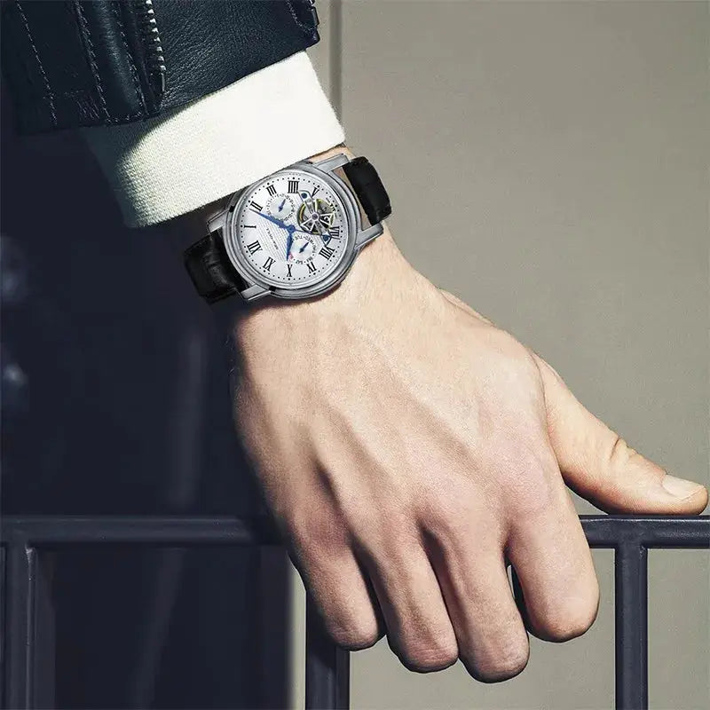 SEAGULL luxury mechanical men's watch with stainless steel case, black leather strap, white Roman numeral dial