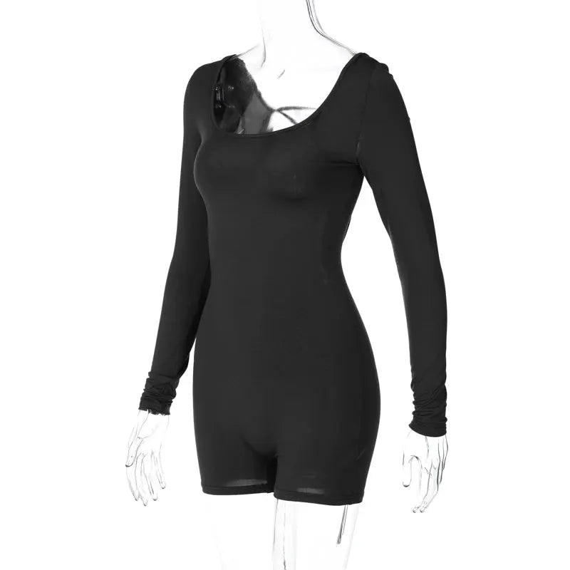 Hugcitar black long-sleeve backless playsuit, slim bodycon one-piece with scoop neck