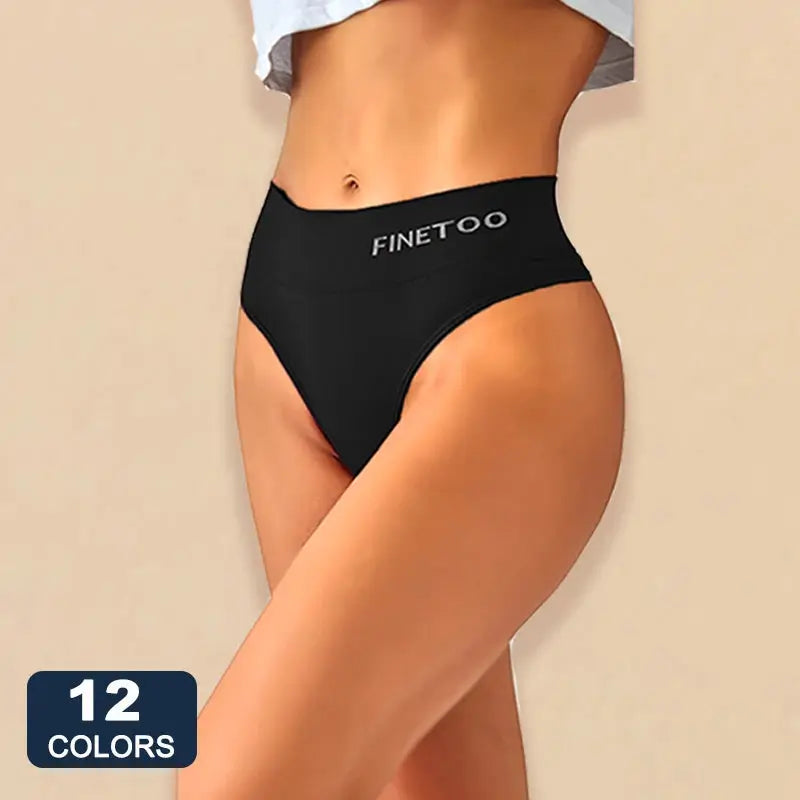 FINETOO high-waist thong underwear for women, black fabric with logo on waistband