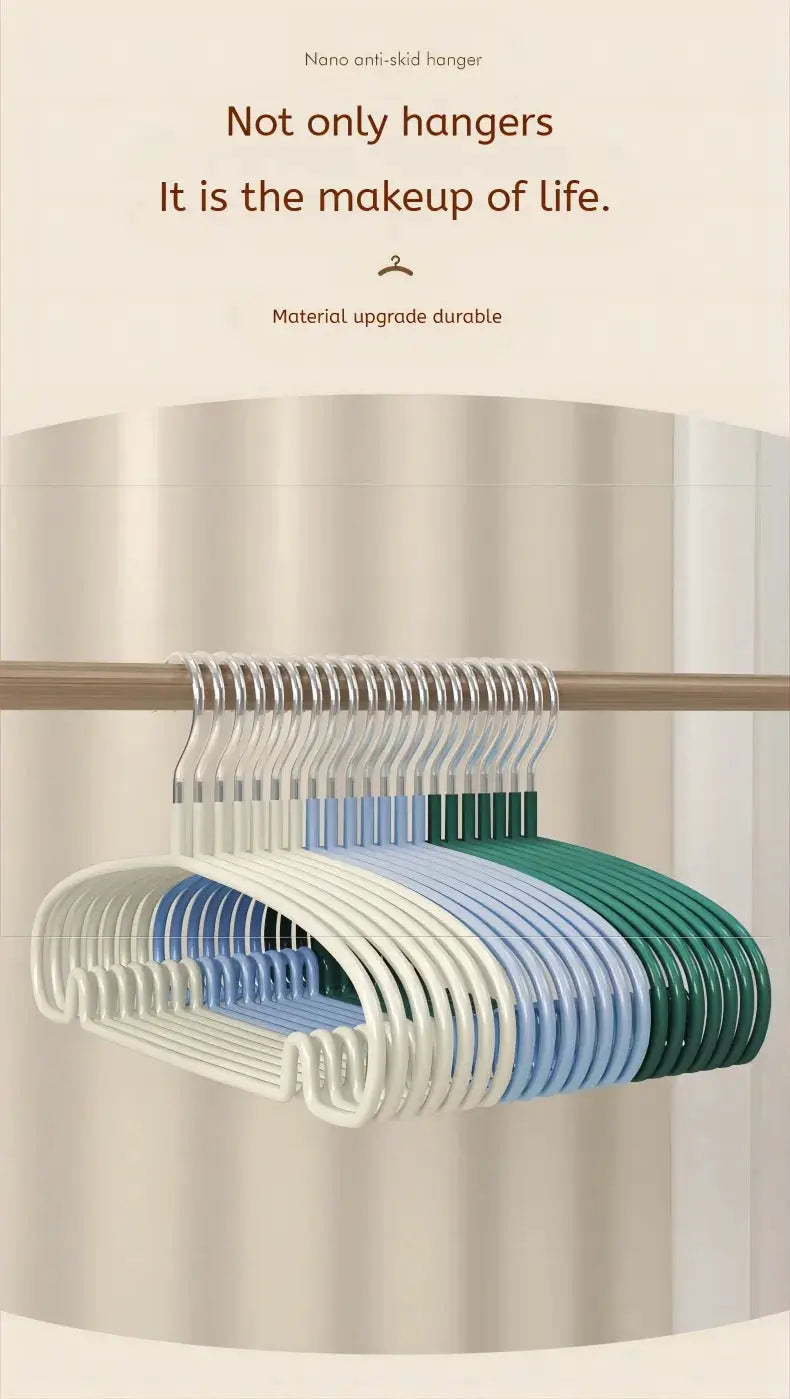 10-piece non-slip plastic clothes hangers in white, blue, and green on a wooden rod.
