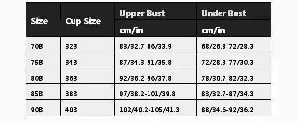 Simples Market women's wireless bra top size chart showing upper and under bust ranges 70B-90B