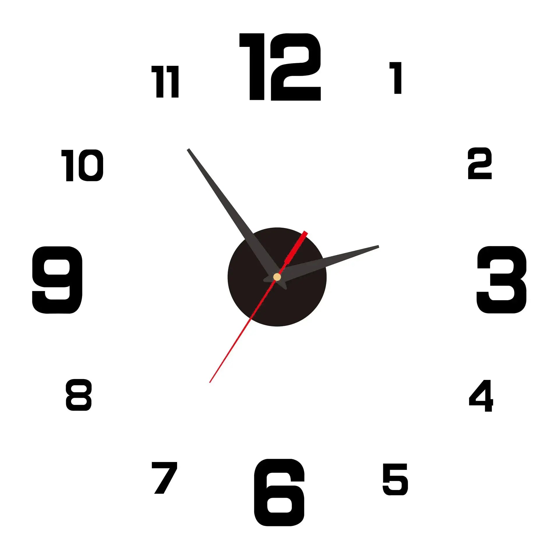 Frameless DIY wall clock sticker with large black numerals and gray clock hands, red second hand