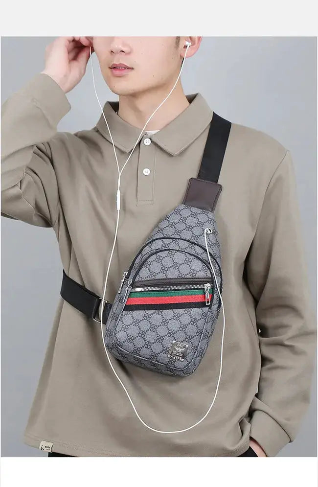 Men's crossbody bag in gray fabric with monogram pattern and red-green stripe