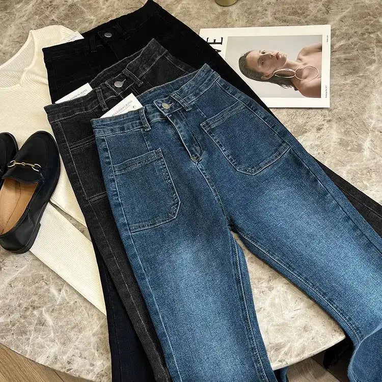 High Waist Loose Jeans Pockets Vintage Washed Denim Flare Trousers
