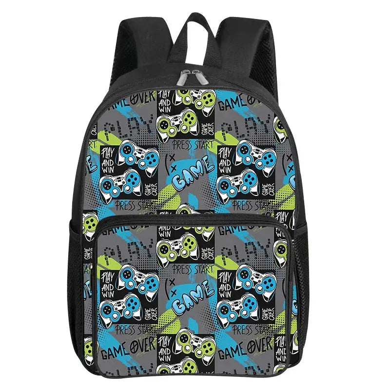 GamePad Pattern Square Front Pocket Backpack for kids, gray panel with blue and green game controllers, black sides
