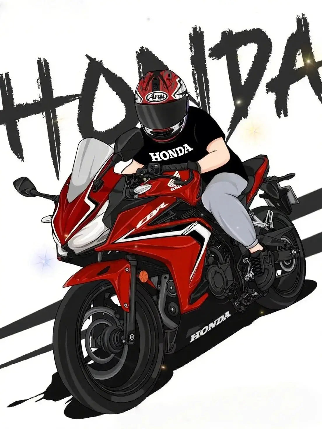 Cycling sweatpants on a Honda rider: gray pants, black Honda T-shirt, red motorcycle.