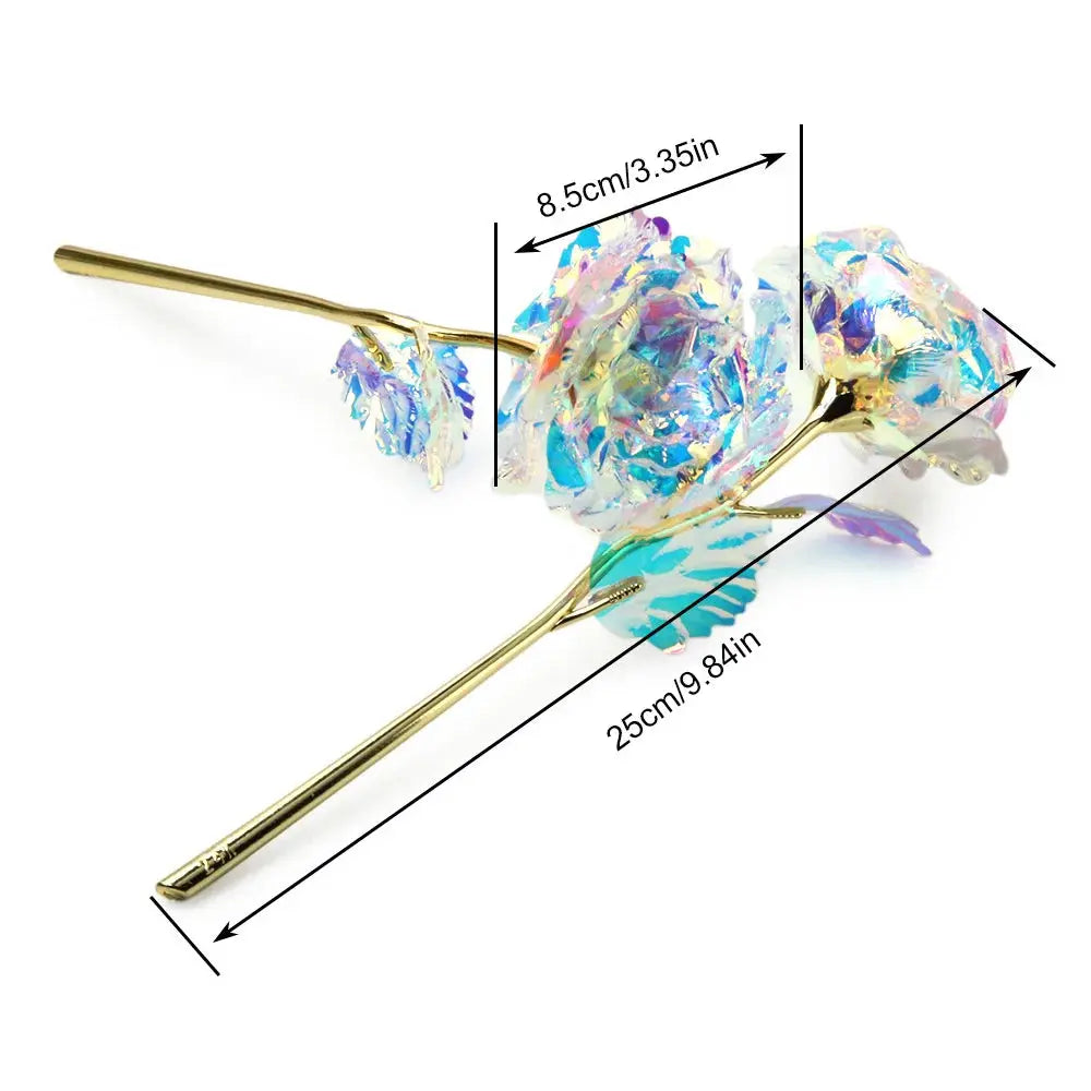LED foil-plated iridescent rose on a gold stem, 25 cm long, decorative wedding/gift accent
