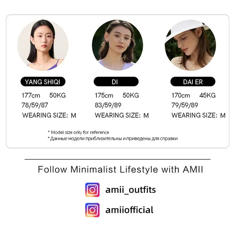 AMII Minimalist women's outfits by Simples Market; three model portraits with AMII Instagram handles.