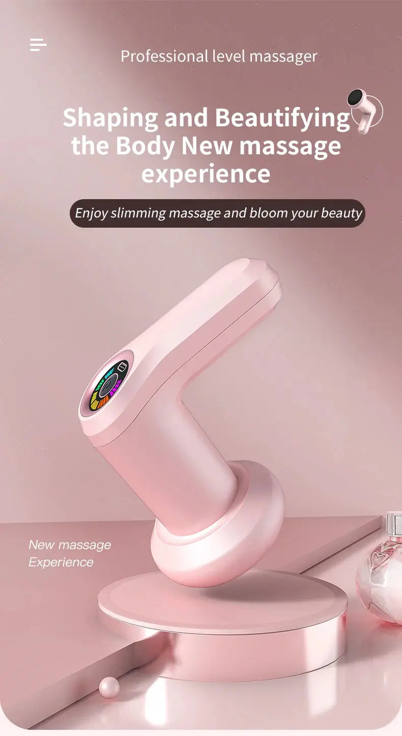 Pink cordless handheld body massager with a colorful circular dial on a display stand