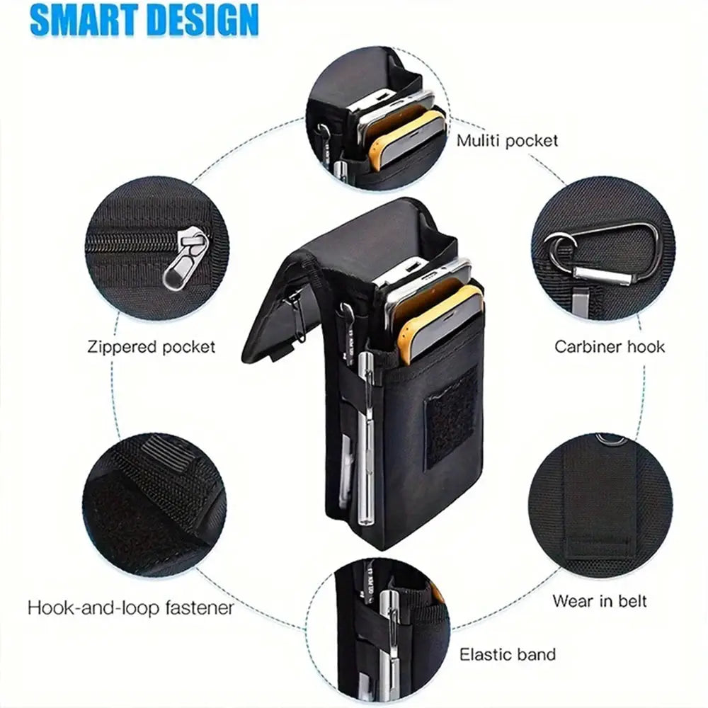 Multifunctional outdoor waist bag phone pouch in black with zippered pocket, carabiner hook and MOLLE strap