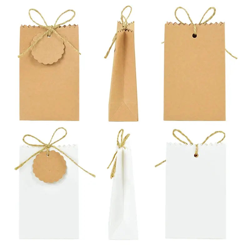 Six kraft and white gift bags with jute rope handles and round scalloped tags.