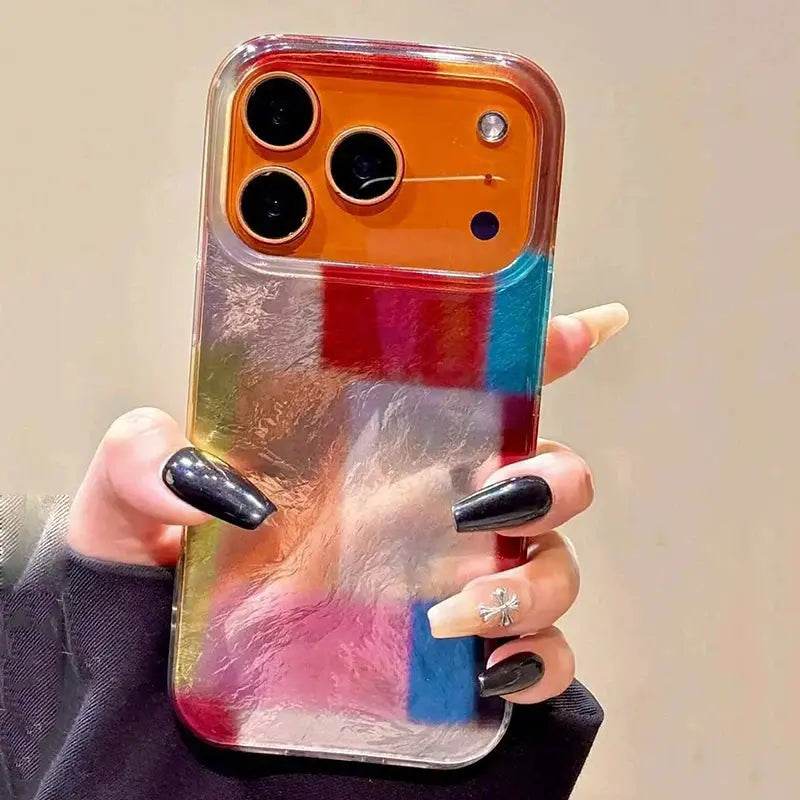 iPhone case with retro four-color leopard pattern stitching, colorful translucent finish