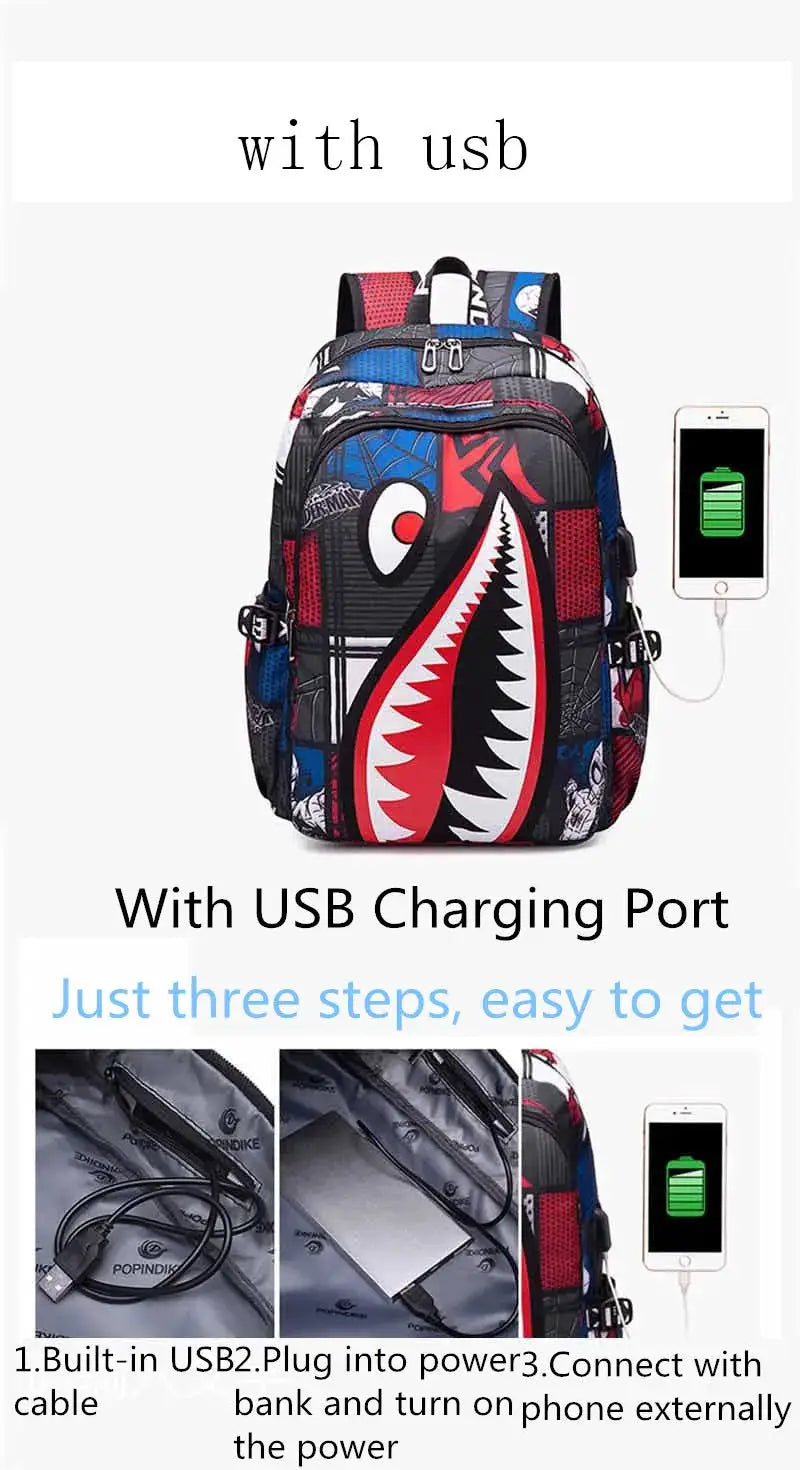 Backpack Simples Market shark-print school backpack with USB charging port for kids