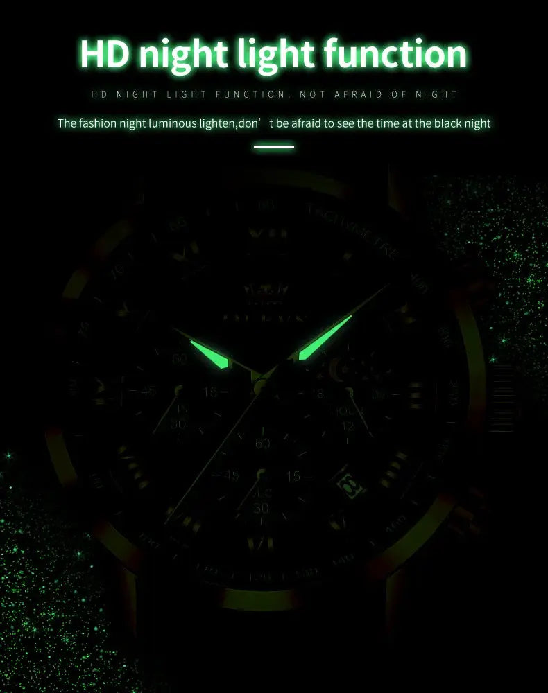 Men's luminous stainless steel watch with green glow, waterproof quartz, lunar phase dial by Simples Market