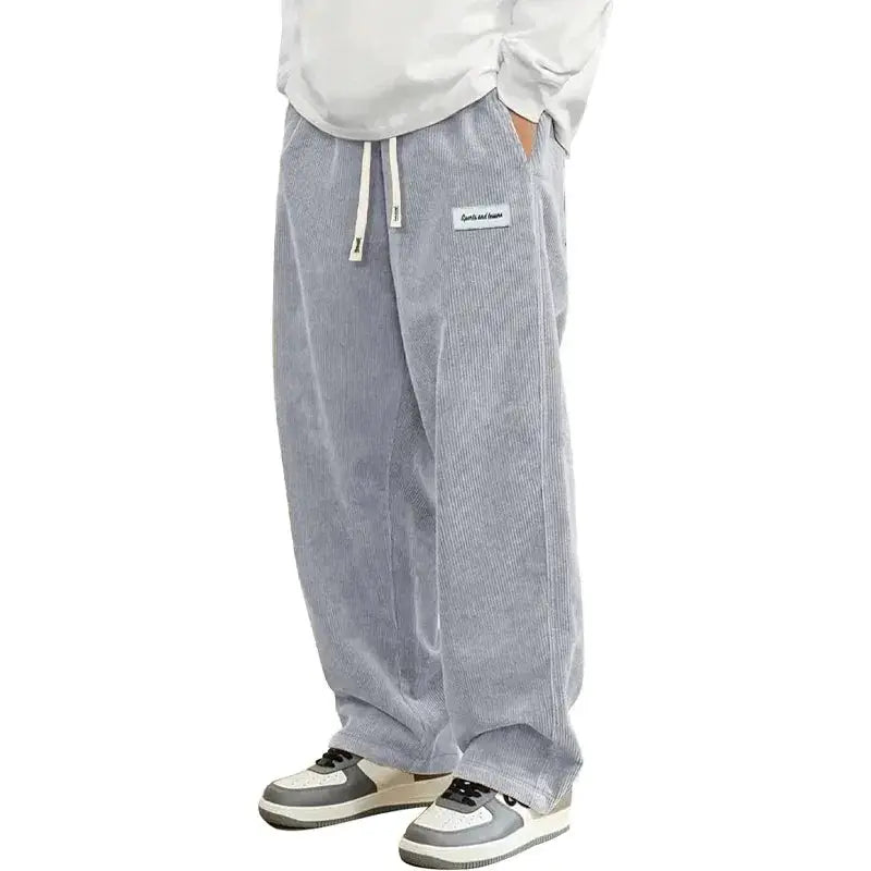 Men's corduroy casual pants by Simples Market, light gray loose baggy straight fit with elastic drawstring