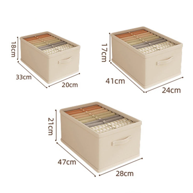 Clothes organizer storage box set by Simples Market in beige; three boxes in varying sizes for wardrobe organization.
