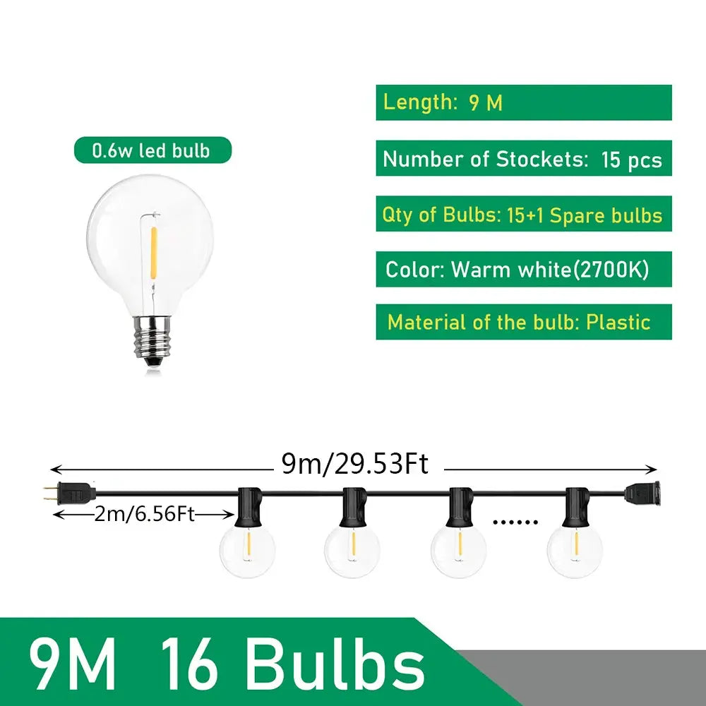 Dual Voltage 110V 220V Outdoor LED G40 Festoon Fairy String Lights For Patio Garden Wedding Street Party Decoration