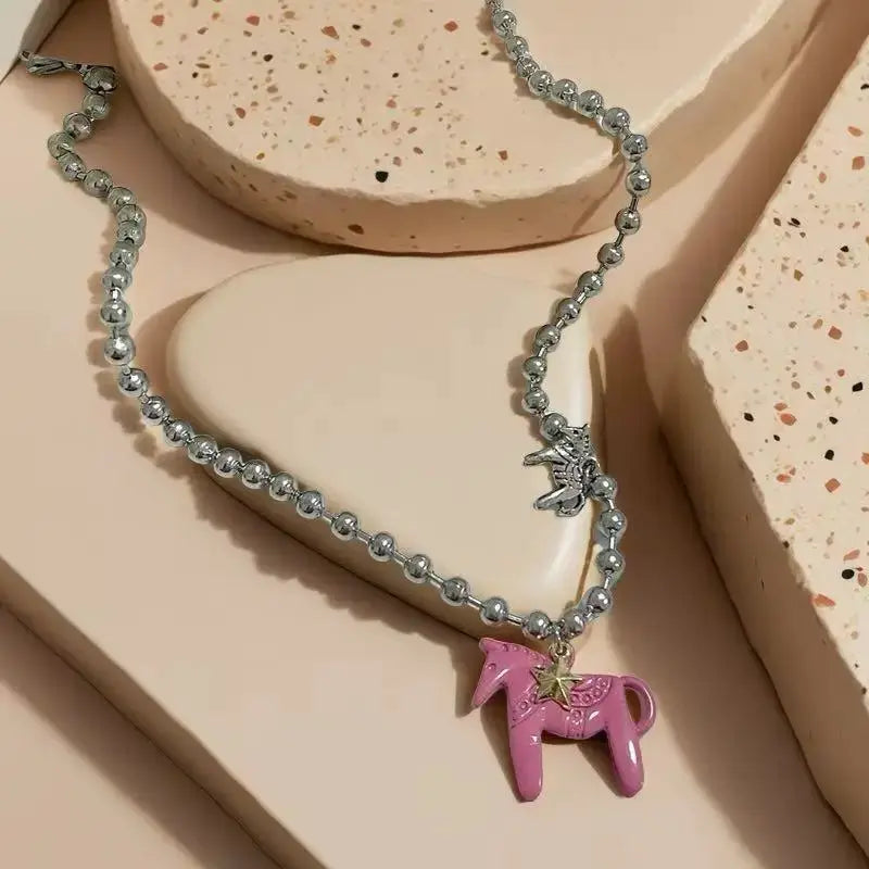 LATS Enamel Colt Horse Pendant Necklace For Women Colorful Silver Plated Alloy Beads Chain Choker