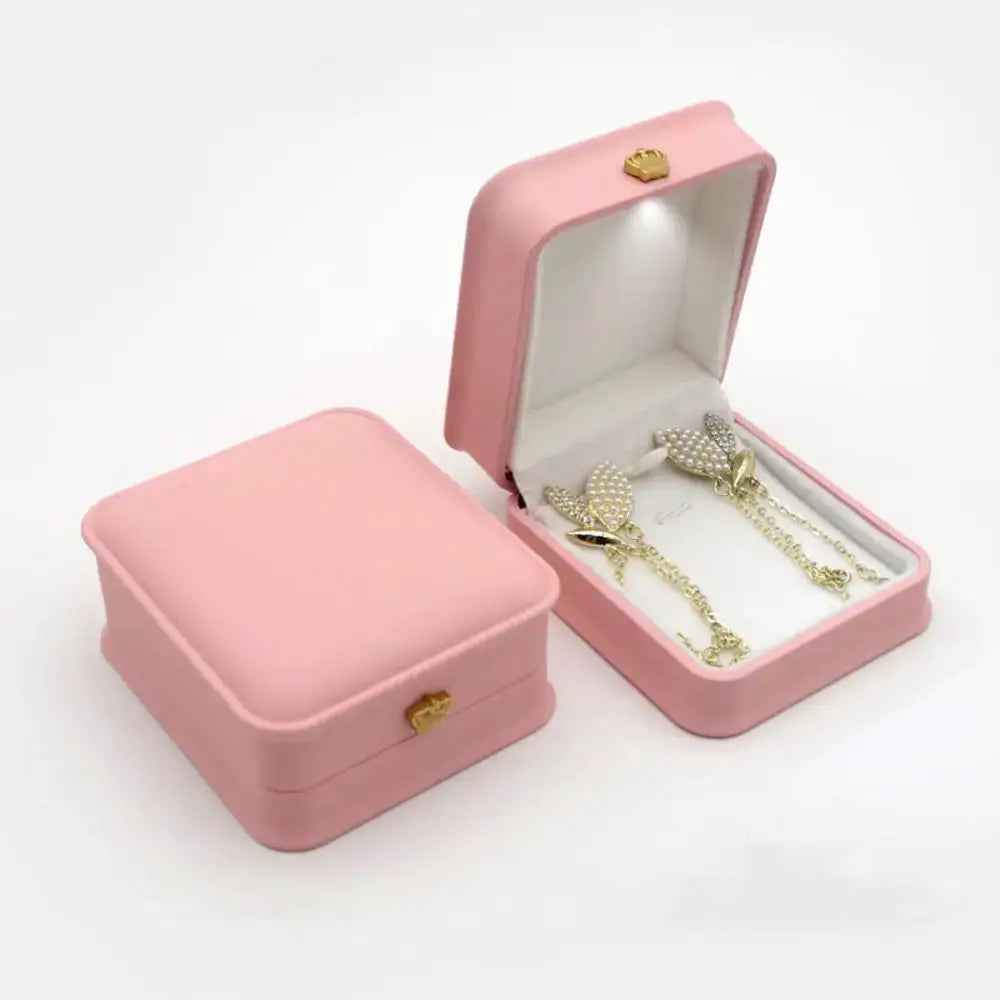 LED Jewelry Ring Box With Light Leather Exterior And Velvet Interior For Proposal Engagement Wedding Gift