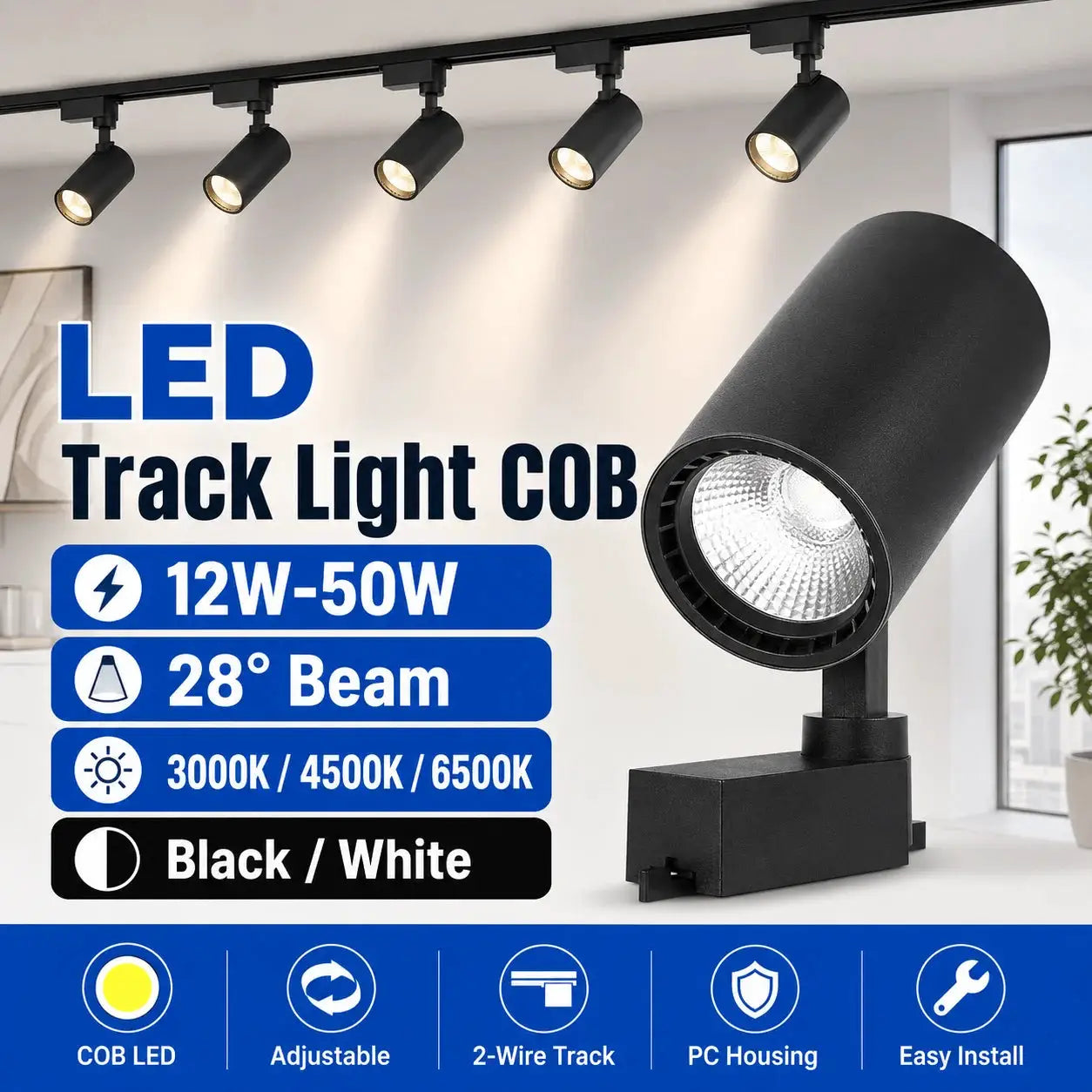 LED track lighting set by Simples Market, black cylindrical spotlight on ceiling track for living room, 20/30/40/50W