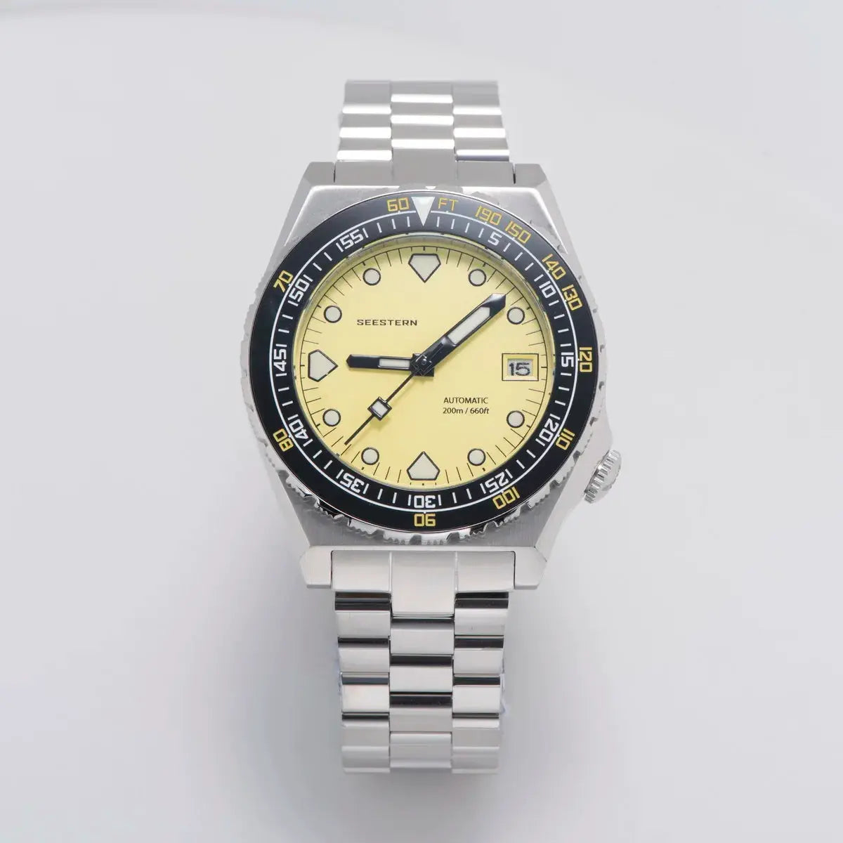 SEESTERN SUB600T men's dive watch with cream dial and ceramic bezel.