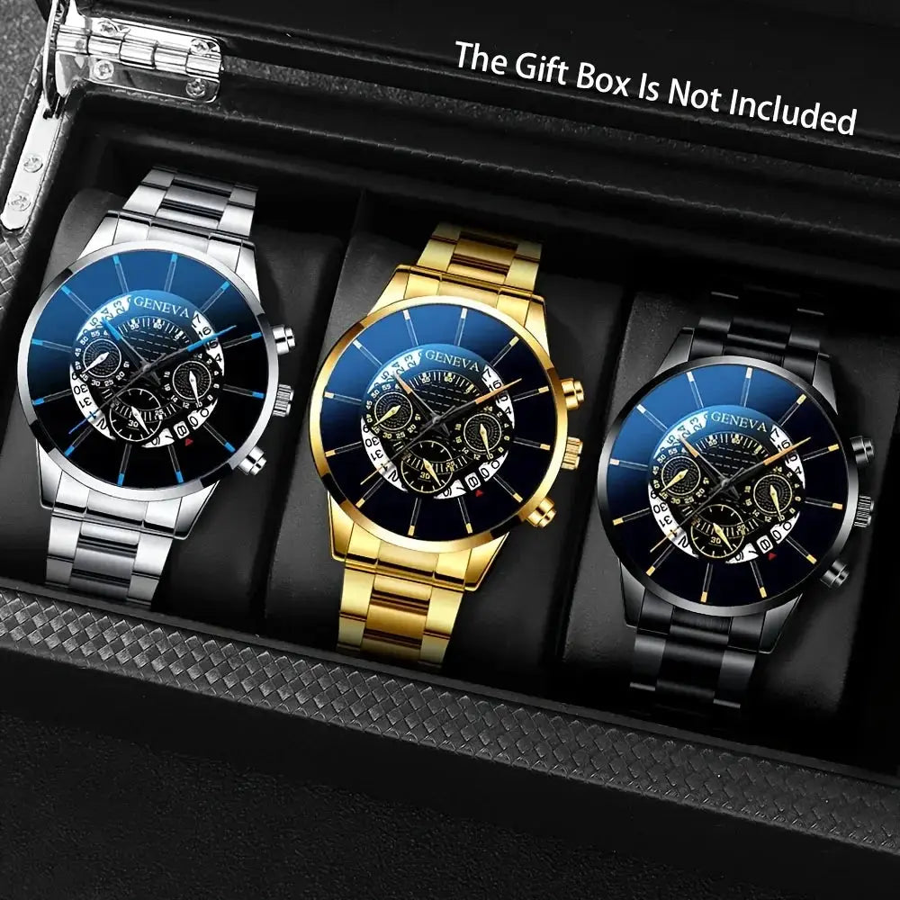 NovaTime Mens Quartz Watch Set 3Pc Stainless Steel Strap Circular Dial Date Function Electronic Drive