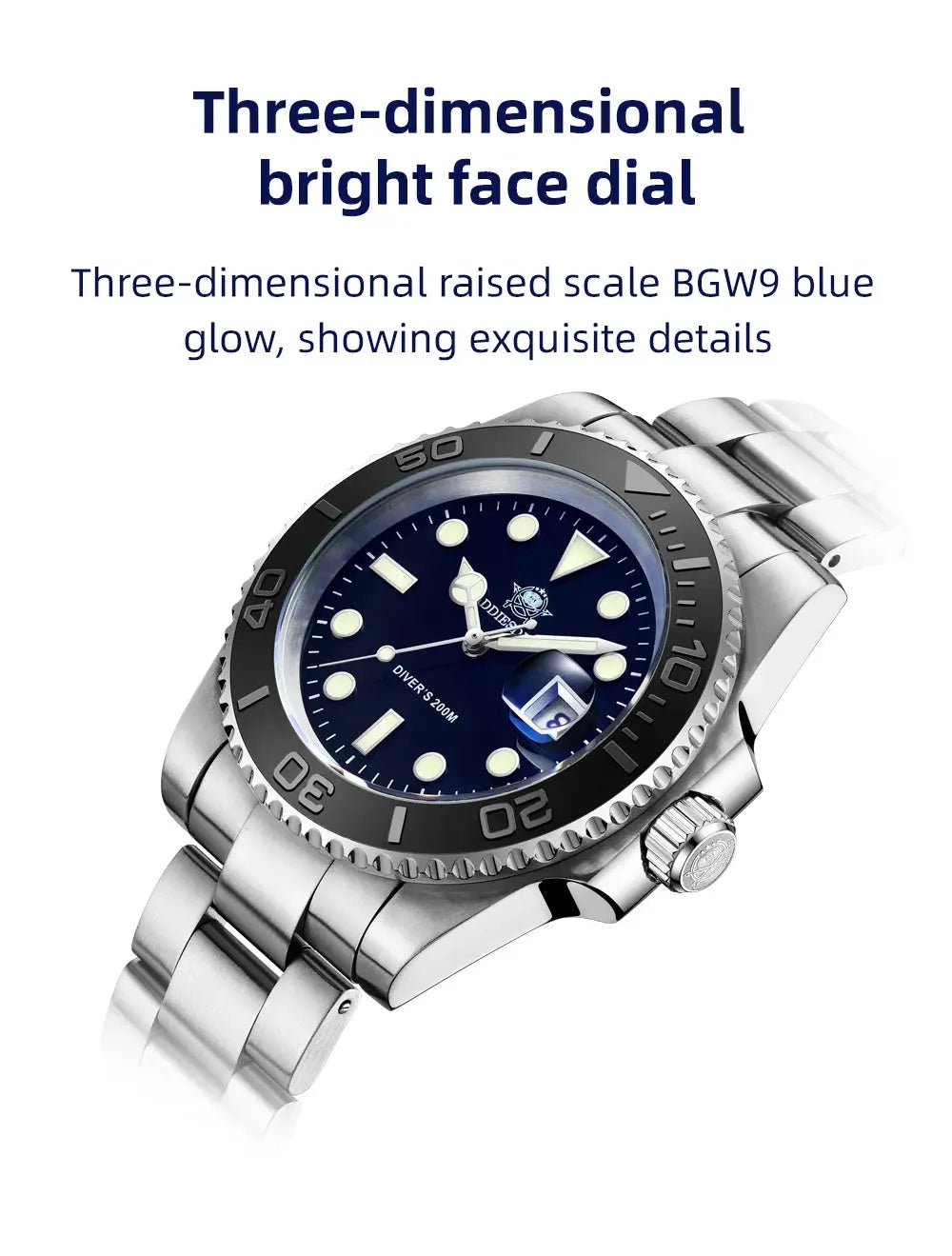 ADDIESDIVE men's quartz dive watch with blue BGW9 dial, ceramic bezel, magnified date window, stainless steel bracelet