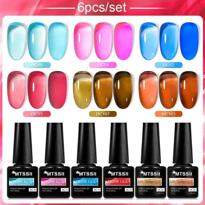 MTSSII 6pc jelly glass gel nail polish set by Simples Market in assorted soak-off UV jelly shades